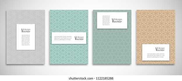Set of a4 line backgrounds with ornament in arabian style. Colorful cover header design for flyer, book, info banner frame, title sheet. Lace pattern pages collection. Brochure template layout