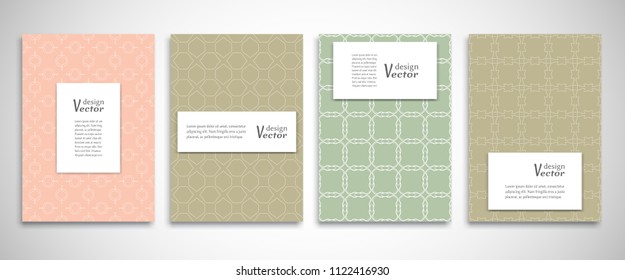 Set of a4 line backgrounds with ornament in arabian style. Colorful cover header design for flyer, book, info banner frame, title sheet. Lace pattern pages collection. Brochure template layout