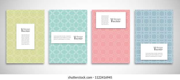 Set of a4 line backgrounds with ornament in arabian style. Colorful cover header design for flyer, book, info banner frame, title sheet. Lace pattern pages collection. Brochure template layout