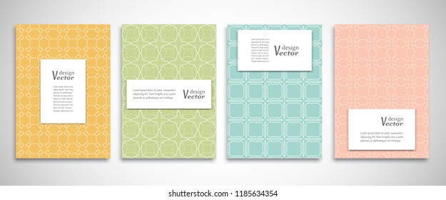 Set of a4 line backgrounds with ornament in arabian style. Colorful cover header design for flyer, book, info banner frame, title sheet. Lace pattern pages collection. Brochure template layout