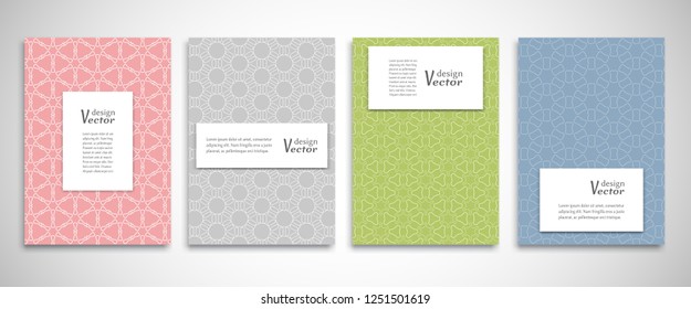 Set of a4 line backgrounds with ornament in arabian style. Colorful cover header design for flyer, book, info banner frame, title sheet. Lace pattern pages collection. Brochure template layout