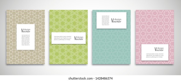 Set of a4 line backgrounds with ornament in arabian style. Colorful cover header design for flyer, book, info banner frame, title sheet. Lace pattern pages collection. Brochure template layout