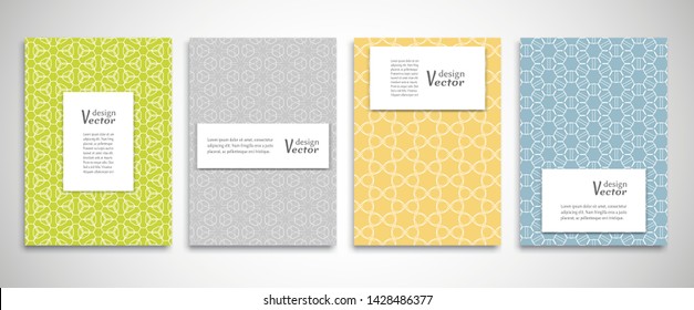 Set of a4 line backgrounds with ornament in arabian style. Colorful cover header design for flyer, book, info banner frame, title sheet. Lace pattern pages collection. Brochure template layout