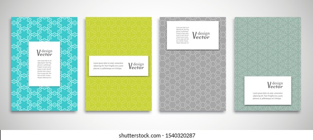 Set of a4 line backgrounds with ornament in arabian style. Colorful cover header design for flyer, book, info banner frame, title sheet. Lace pattern pages collection. Brochure template layout