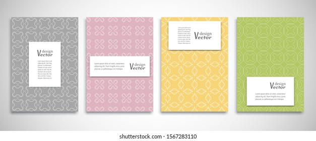 Set of a4 line backgrounds with ornament in arabian style. Colorful cover header design for flyer, book, info banner frame, title sheet. Lace pattern pages collection. Brochure template layout