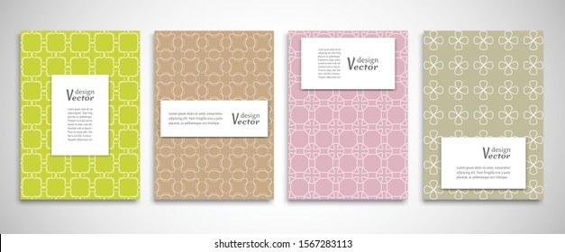 Set of a4 line backgrounds with ornament in arabian style. Colorful cover header design for flyer, book, info banner frame, title sheet. Lace pattern pages collection. Brochure template layout