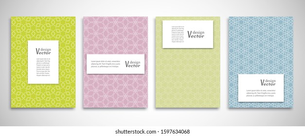 Set of a4 line backgrounds with ornament in arabian style. Colorful cover header design for flyer, book, info banner frame, title sheet. Lace pattern pages collection. Brochure template layout