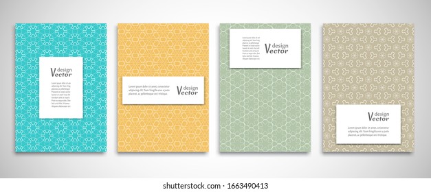 Set of a4 line backgrounds with ornament in arabian style. Colorful cover header design for flyer, book, info banner frame, title sheet. Lace pattern pages collection. Brochure template layout