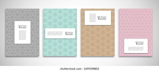 Set of a4 line backgrounds with ornament in arabian style. Colorful cover header design for flyer, book, info banner frame, title sheet. Lace pattern pages collection. Brochure template layout