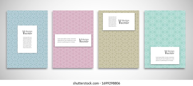 Set of a4 line backgrounds with ornament in arabian style. Colorful cover header design for flyer, book, info banner frame, title sheet. Lace pattern pages collection. Brochure template layout