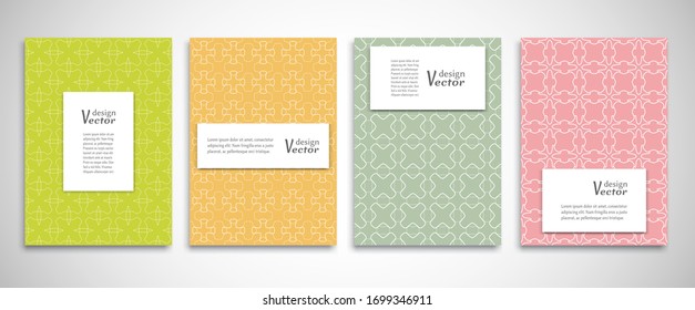 Set von Hintergründen mit 4 Linien mit Ornamenten im arabischen Stil. Farbiges Cover Header Design für Flyer, Buch, Infobanner Rahmen, Titelblatt. Kollektion von Musterstätten. Broschüren-Vorlagenlayout