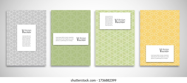 Set of a4 line backgrounds with ornament in arabian style. Colorful cover header design for flyer, book, info banner frame, title sheet. Lace pattern pages collection. Brochure template layout