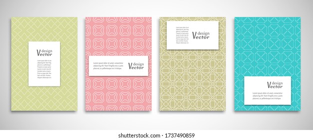 Conjunto de fondos de 4 líneas con ornamento de estilo árabe. Diseño colorido de cabecera de portada para volante, libro, marco de pancarta info, hoja de título. Colección de páginas de patrones de posición. Diseño de plantilla de folleto