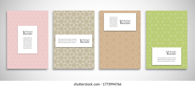 Set of a4 line backgrounds with ornament in arabian style. Colorful cover header design for flyer, book, info banner frame, title sheet. Lace pattern pages collection. Brochure template layout