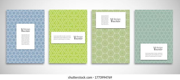 Set von Hintergründen mit 4 Linien mit Ornamenten im arabischen Stil. Farbiges Cover Header Design für Flyer, Buch, Infobanner Rahmen, Titelblatt. Kollektion von Musterstätten. Broschüren-Vorlagenlayout