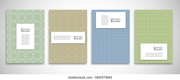 Conjunto de fondos de 4 líneas con ornamento de estilo árabe. Diseño colorido de cabecera de portada para volante, libro, marco de pancarta info, hoja de título. Colección de páginas de patrones de posición. Diseño de plantilla de folleto