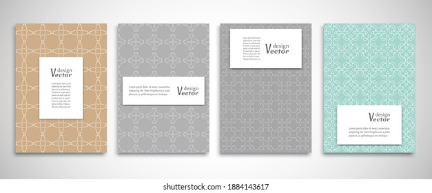 Set of a4 line backgrounds with ornament in arabian style. Colorful cover header design for flyer, book, info banner frame, title sheet. Lace pattern pages collection. Brochure template layout