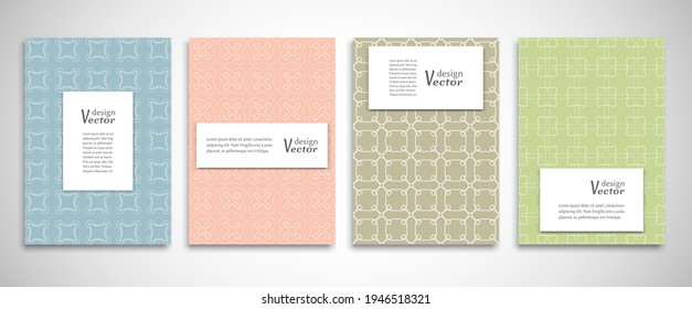 Set von Hintergründen mit 4 Linien mit Ornamenten im arabischen Stil. Farbiges Cover Header Design für Flyer, Buch, Infobanner Rahmen, Titelblatt. Kollektion von Musterstätten. Broschüren-Vorlagenlayout