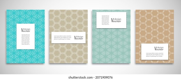 Set von Hintergründen mit 4 Linien mit Ornamenten im arabischen Stil. Farbiges Cover Header Design für Flyer, Buch, Infobanner Rahmen, Titelblatt. Kollektion von Musterstätten. Broschüren-Vorlagenlayout