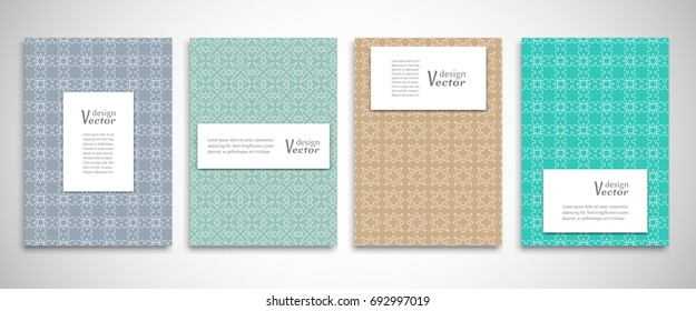Set of a4 line backgrounds with ornament in arabian style. Colorful cover header design for flyer, book, info banner frame, title sheet. Lace pattern pages collection. Brochure template layout