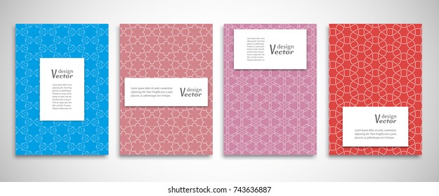 Set of a4 line backgrounds with ornament in arabian style. Colorful cover header design for flyer, book, info banner frame, title sheet. Lace pattern pages collection. Brochure template layout