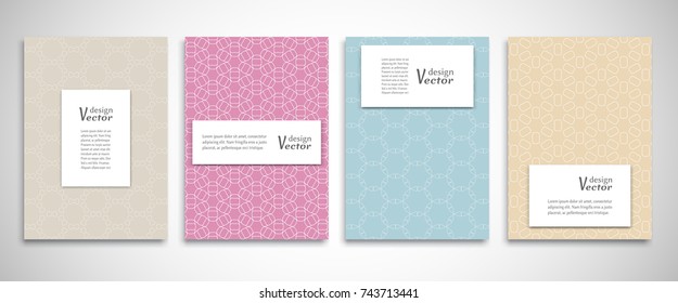 Set of a4 line backgrounds with ornament in arabian style. Colorful cover header design for flyer, book, info banner frame, title sheet. Lace pattern pages collection. Brochure template layout