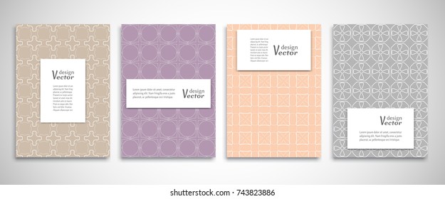 Set of a4 line backgrounds with ornament in arabian style. Colorful cover header design for flyer, book, info banner frame, title sheet. Lace patternpages collection. Brochure template layout