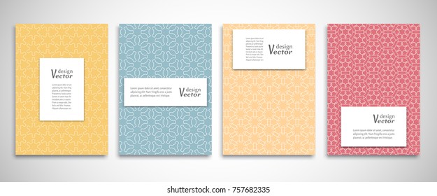Set of a4 line backgrounds with ornament in arabian style. Colorful cover header design for flyer, book, info banner frame, title sheet. Lace pattern pages collection. Brochure template layout