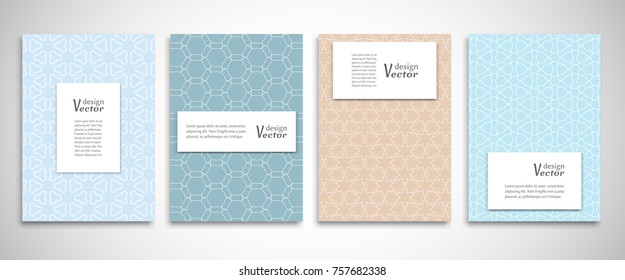 Set of a4 line backgrounds with ornament in arabian style. Colorful cover header design for flyer, book, info banner frame, title sheet. Lace pattern pages collection. Brochure template layout
