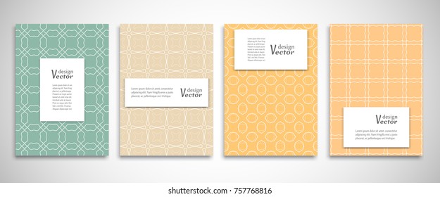 Set of a4 line backgrounds with ornament in arabian style. Colorful cover header design for flyer, book, info banner frame, title sheet. Lace pattern pages collection. Brochure template layout
