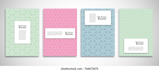 Set of a4 line backgrounds with ornament in arabian style. Colorful cover header design for flyer, book, info banner frame, title sheet. Lace pattern pages collection. Brochure template layout