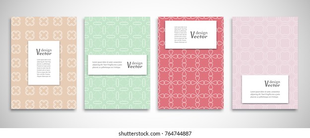 Set of a4 line backgrounds with ornament in arabian style. Colorful cover header design for flyer, book, info banner frame, title sheet. Lace pattern pages collection. Brochure template layout