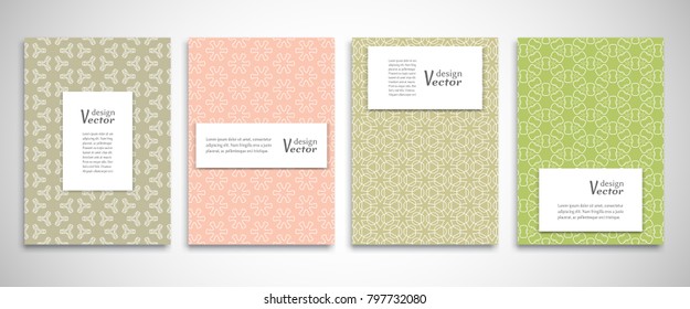Set of a4 line backgrounds with ornament in arabian style. Colorful cover header design for flyer, book, info banner frame, title sheet. Lace pattern pages collection. Brochure template layout