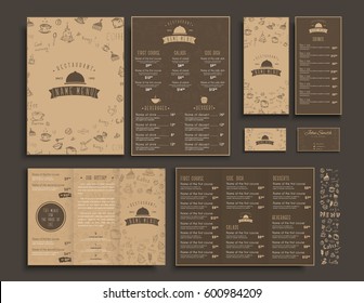 Set of A4 menu, folding brochures and flyers narrow for a restaurant or cafe. The templaters in retro style with drawings of hands and logo. Vector illustration.