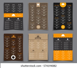Set A4 menu for restaurants and cafes. Templates flyers black, brown, orange drawings by hand and logos. Vector illustration