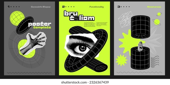 Set of a4 posters in brutalism style. Strange extraordinary graphic collages with wireframes of geometrical shapes and halftone elements, Anti-design minimalistic hipster digital collage, vector eps10