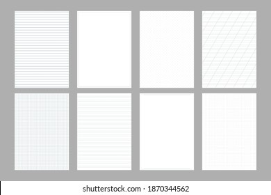 set of A4 sheets with a different pattern checkered, narrow and wide lines, dots, empty with a frame. the actual real size of the sheets is 210 x 297 mm