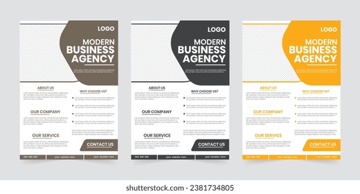 set of A4 size 3 color graphic business agency flier background. commercial flier paper layout, digital sheet report, leaflet, document, page collection