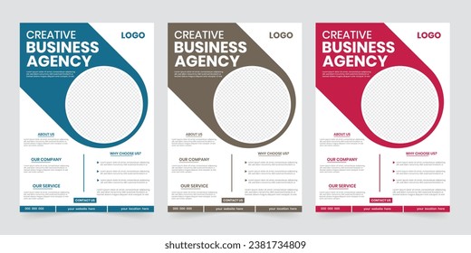 set of A4 size 3 color graphic business agency flier background. commercial flier paper layout, digital sheet report, leaflet, document, page collection