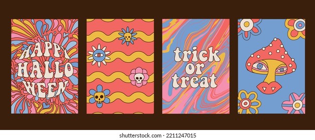 Set of a4 size posters with a flowers, splashes, mushroom. Groove 70s Psychedelic Vintage Halloween cards with liquid Texture. Linear hand drawn vector illustration.