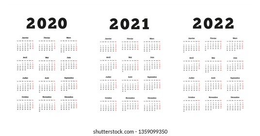 Set of A4 size vertical simple calendars in french at 2020, 2021, 2022 years on white