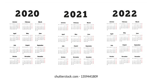 Set of A4 size vertical simple calendars at 2020, 2021, 2022 years on white