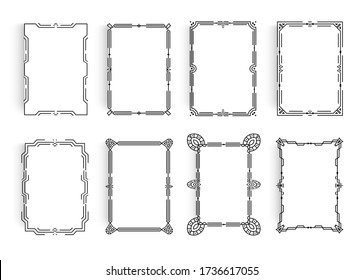 Set of A4 vertical blank paper with elegance antique borders, geometric thin linear frames.  Empty white sheets with vector ornamental minimal contour lines. Vector illustration.