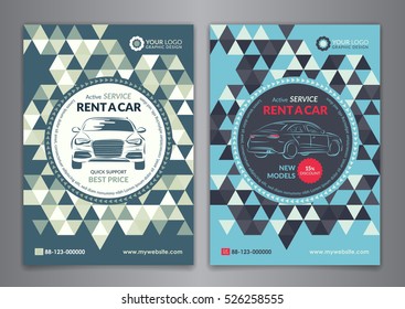 Set A5, A4 Rent A Car Business Flyer Template. Auto Service Brochure Templates, Automobile Magazine Cover, Abstract Geometry Pattern Triangle Backgrounds. Vector Illustration.