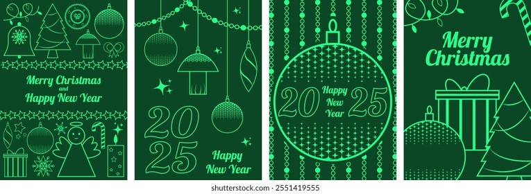 set of a5 christmas cards, festive winter minimalist cards with simple outline elements, christmas tree, gift, snowflakes, angel, christmas tree decorations, garlands, stars, wreath, bell, candle