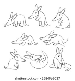 Set of aardvark doodle collection, flamingo outline coloring page book animals for kindergarten, Vector line art set of animals wildlife, Hand drawn, Minimal aardvark line art doodle in different pose