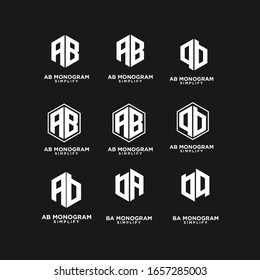 set of ab, ba, a b initial monogram hexagon letter white logo design with black background