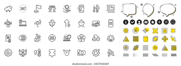 Set of Ab testing, Iceberg and Transmitter line icons for web app. Design elements, Social media icons. 360 degrees, Puzzle, Saving electricity icons. Vector