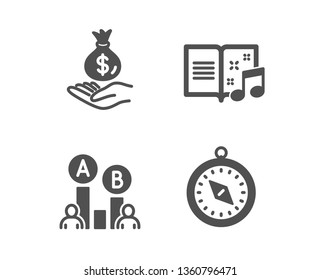 Set of AB testing, Income money and Music book icons. Travel compass sign. Test chart, Savings, Musical note. Trip destination.  Classic design ab testing icon. Flat design. Vector