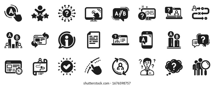 Set of AB testing, Journey path map and Question mark icons. UX icons. Usability quiz test, Ux Ui and User flow. Project process, ab testing graph, survey test results. Quiz question. Vector